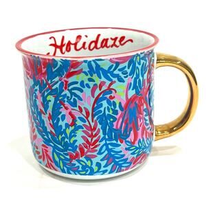 Lilly Pulitzer “Holidaze” Mug - Blue Multi-color, Gold Handle 12oz